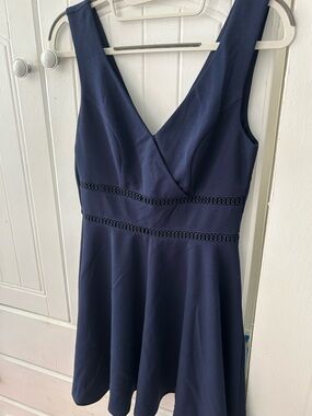 EUC TRIXXI Navy V-Neck Fit & Flare Mini Dress with Waist Trim Spaghetti Strap